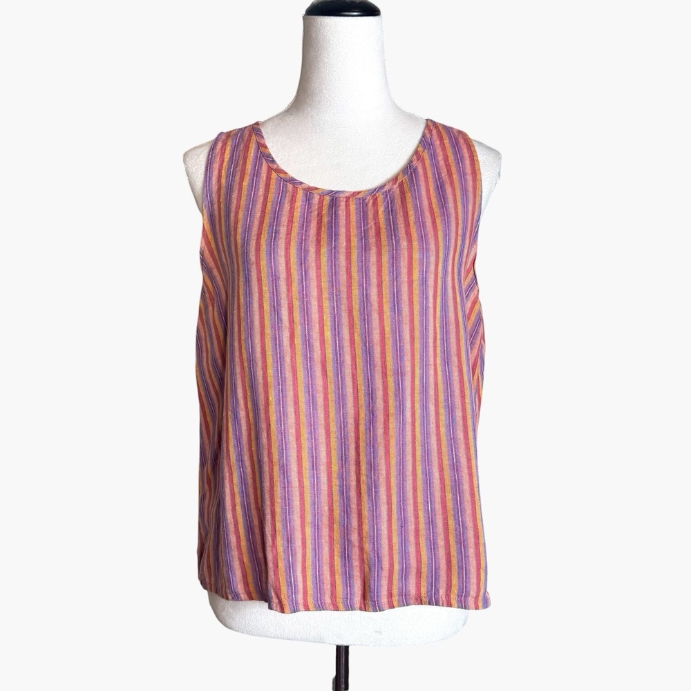 FLAX 100% Linen Tank Top Blouse Size S Pink Striped Lagenlook Boho Artsy Cottage